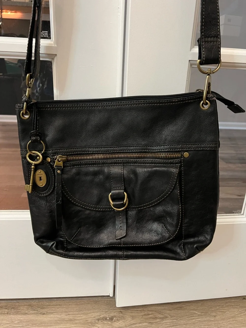 Fossil Black Leather Crossbody with Brass Hardware